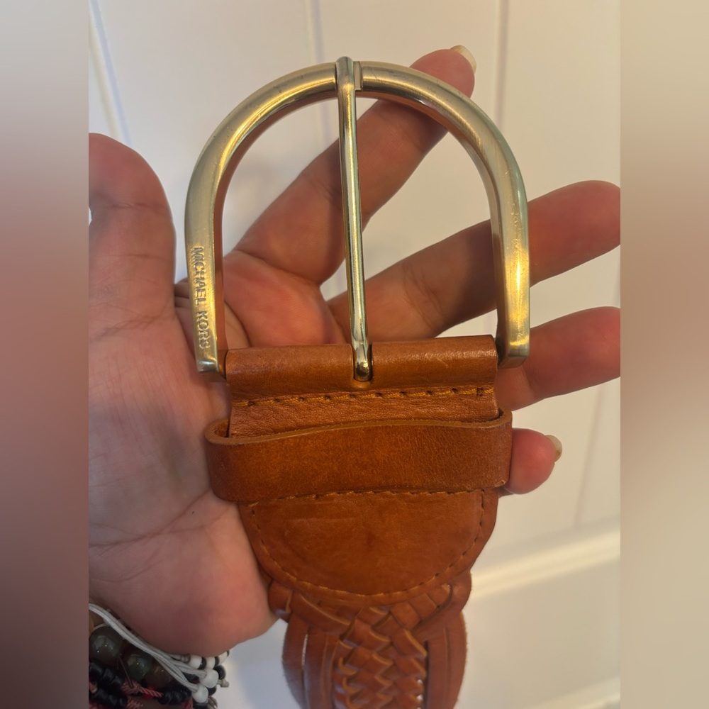 Women’s Michael Kors Cognac Western Cowgirl Braided Leather Belt Gold Buckle